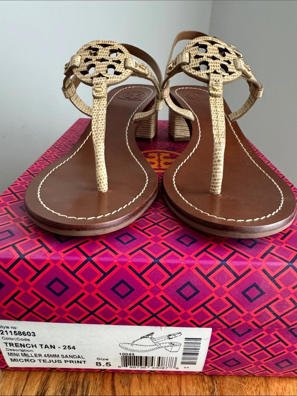 Tory Burch Mini Miller 45MM Stacked Heel Sandal - Micro Tejus Print, Size 8.5